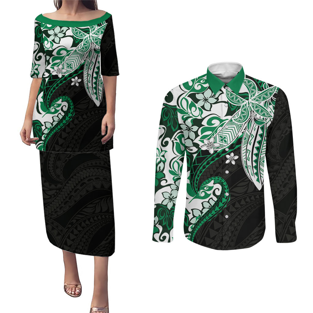 Monstera Plumeria Flowers Green Couples Matching Puletasi and Long Sleeve Button Shirt Polynesian Pattern LT01 Green - Polynesian Pride