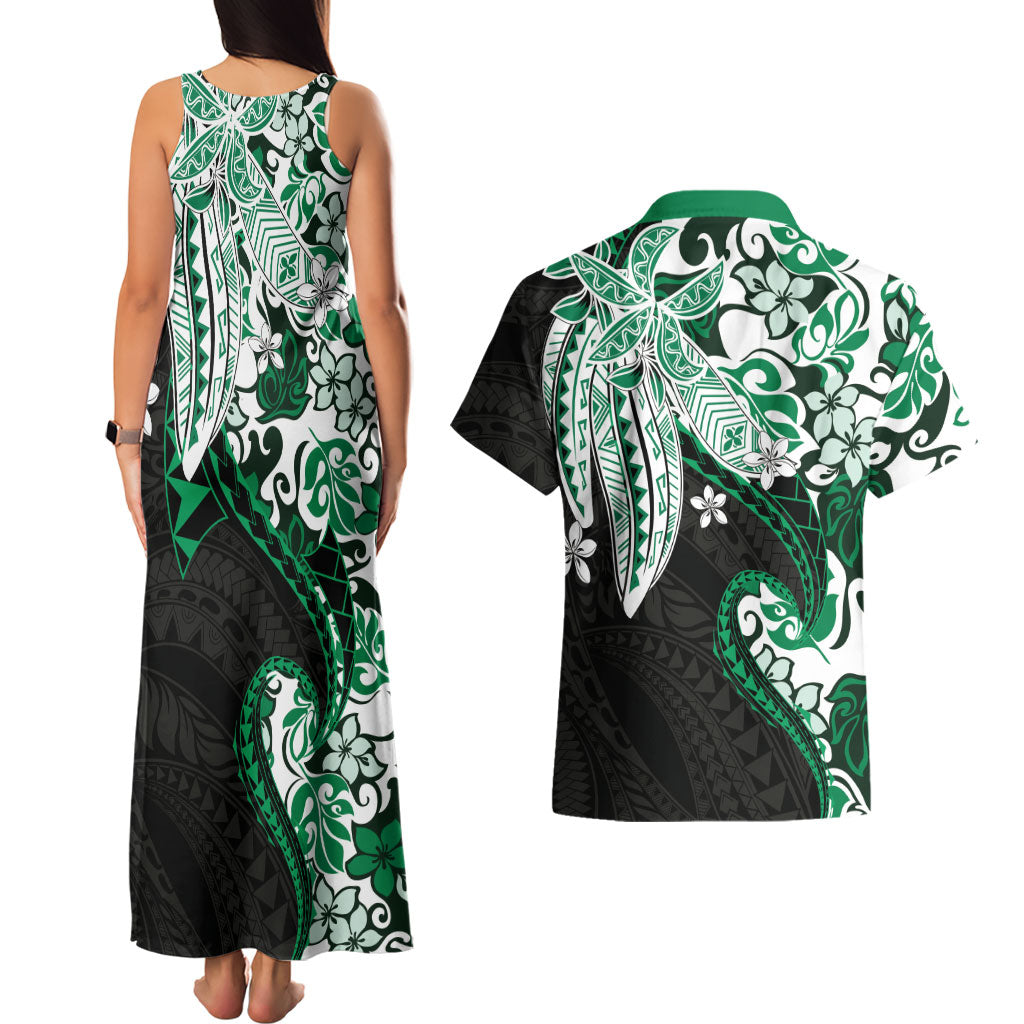 Monstera Plumeria Flowers Green Couples Matching Tank Maxi Dress and Hawaiian Shirt Polynesian Pattern