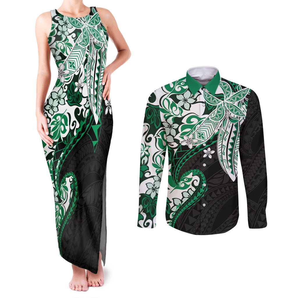 Monstera Plumeria Flowers Green Couples Matching Tank Maxi Dress and Long Sleeve Button Shirt Polynesian Pattern