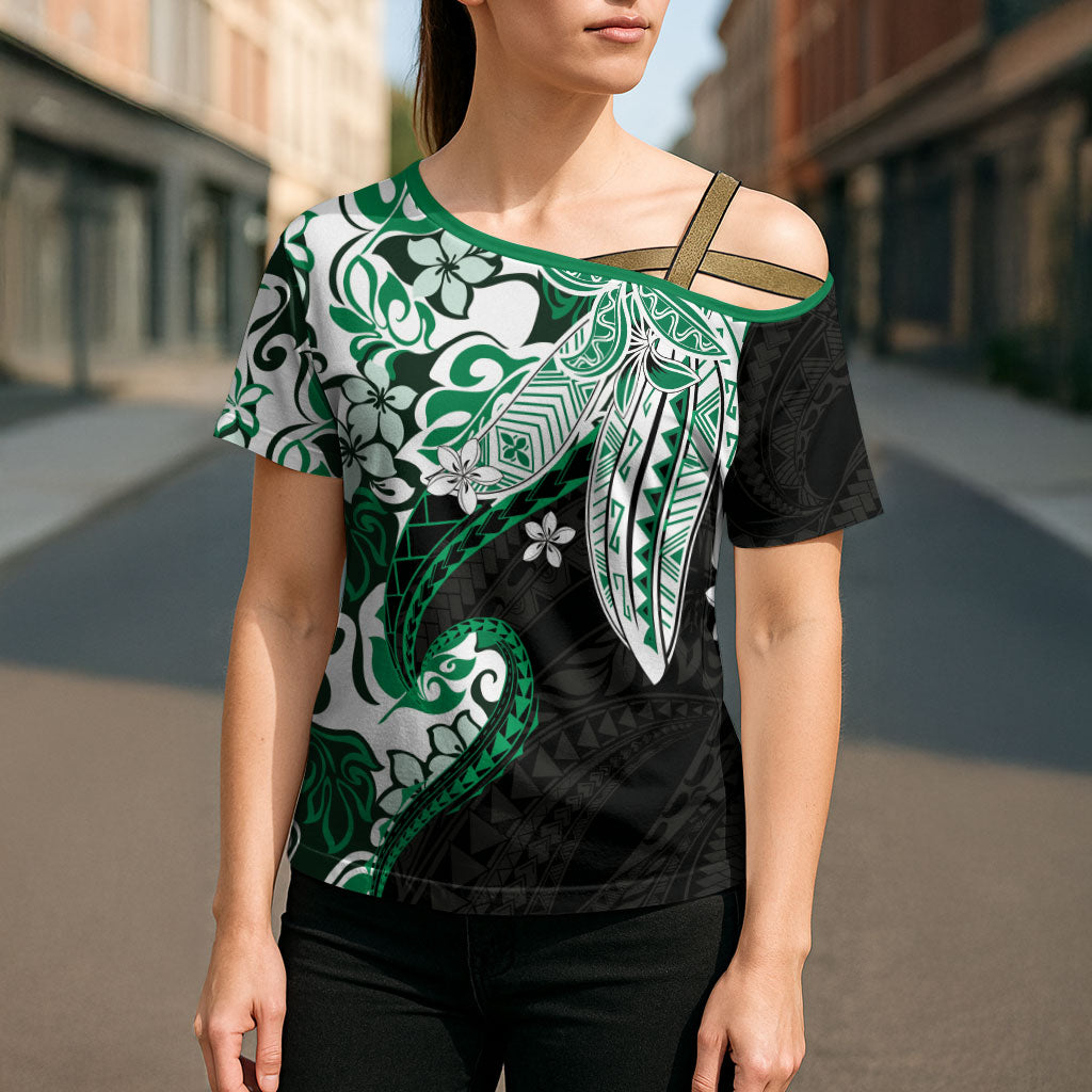 Monstera Plumeria Flowers Green Cross Shoulder Shirt Polynesian Pattern