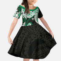 Monstera Plumeria Flowers Green Family Matching Off The Shoulder Long Sleeve Dress and Hawaiian Shirt Polynesian Pattern LT01 Daughter's Dress Green - Polynesian Pride