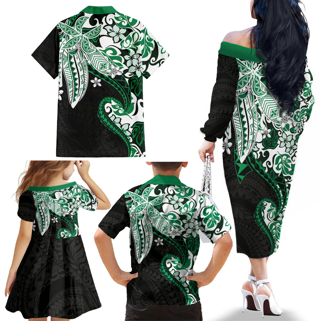 Monstera Plumeria Flowers Green Family Matching Off The Shoulder Long Sleeve Dress and Hawaiian Shirt Polynesian Pattern LT01 - Polynesian Pride