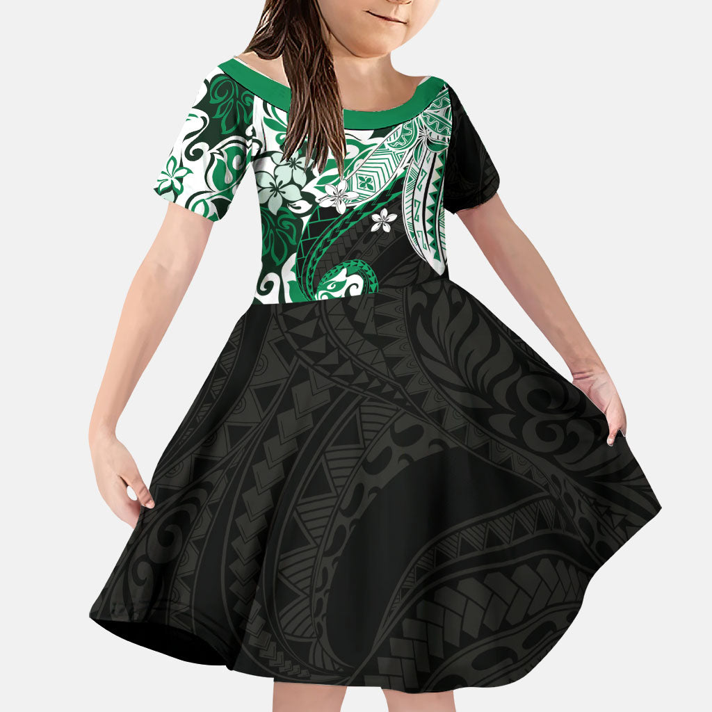 Monstera Plumeria Flowers Green Family Matching Off Shoulder Maxi Dress and Hawaiian Shirt Polynesian Pattern LT01 Daughter's Dress Green - Polynesian Pride