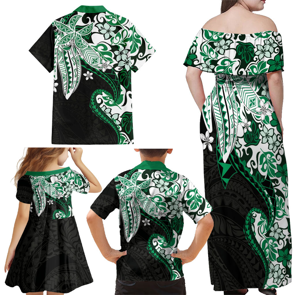 Monstera Plumeria Flowers Green Family Matching Off Shoulder Maxi Dress and Hawaiian Shirt Polynesian Pattern LT01 - Polynesian Pride