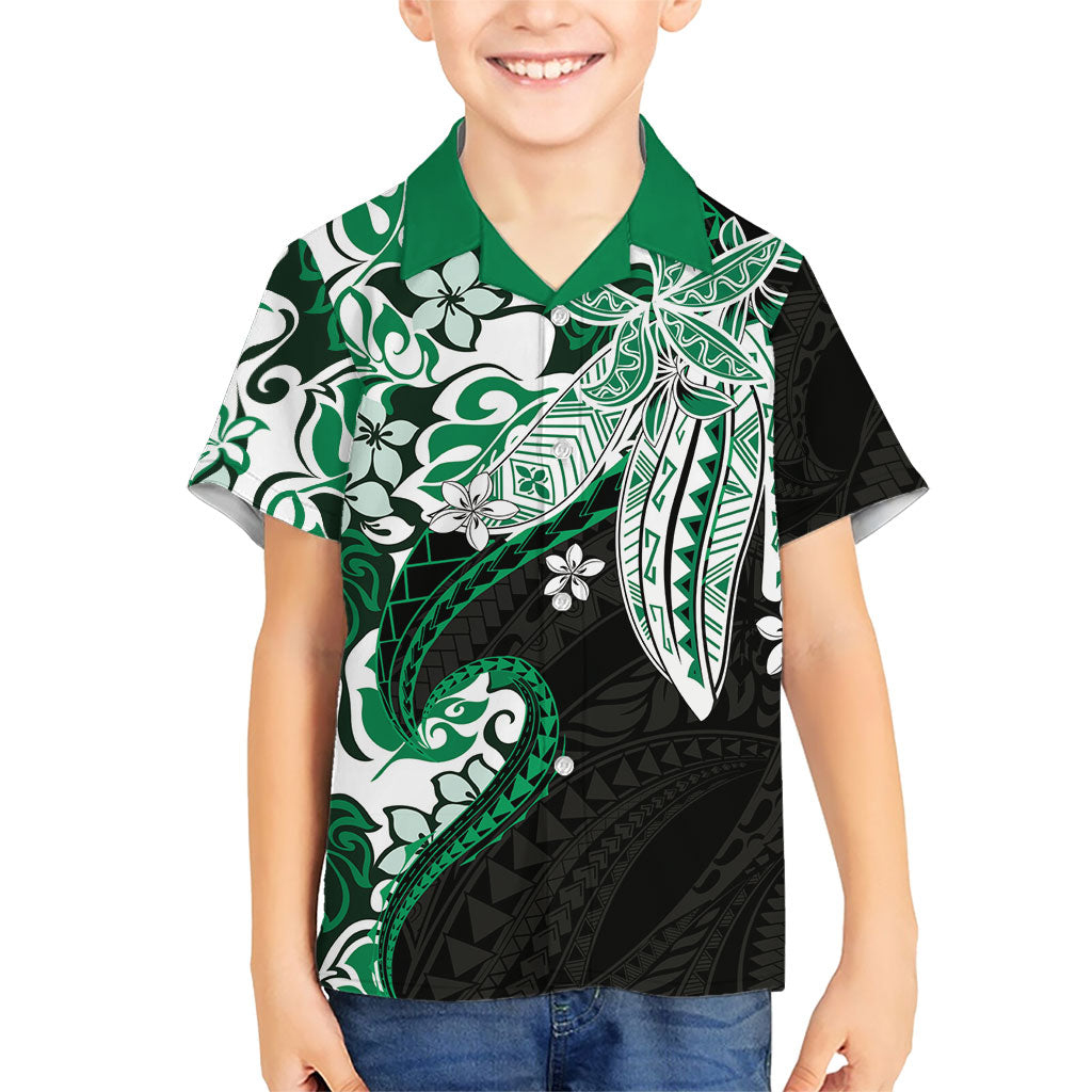 Monstera Plumeria Flowers Green Family Matching Off Shoulder Maxi Dress and Hawaiian Shirt Polynesian Pattern LT01 Son's Shirt Green - Polynesian Pride