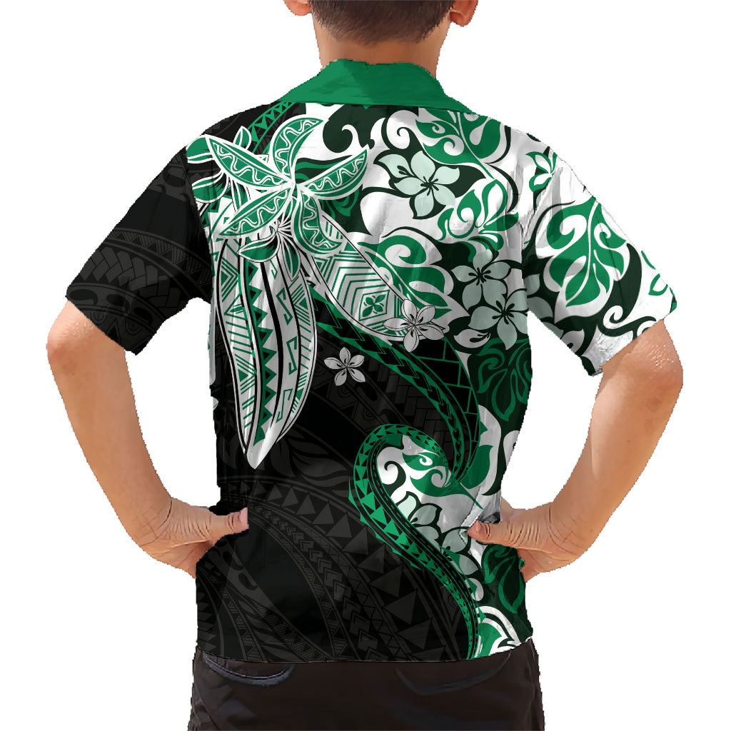 Monstera Plumeria Flowers Green Family Matching Off Shoulder Short Dress and Hawaiian Shirt Polynesian Pattern LT01 - Polynesian Pride
