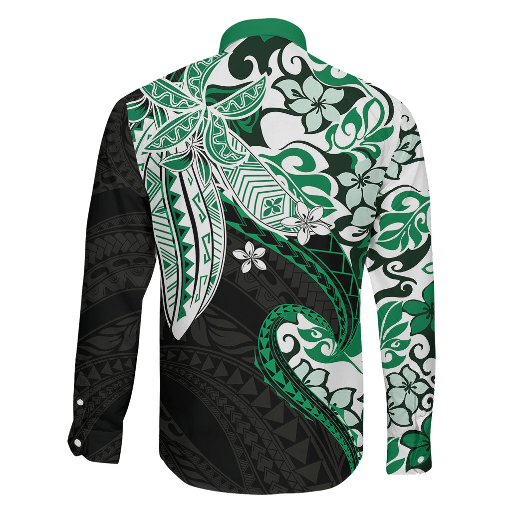 Monstera Plumeria Flowers Green Family Matching Off Shoulder Short Dress and Hawaiian Shirt Polynesian Pattern LT01 - Polynesian Pride