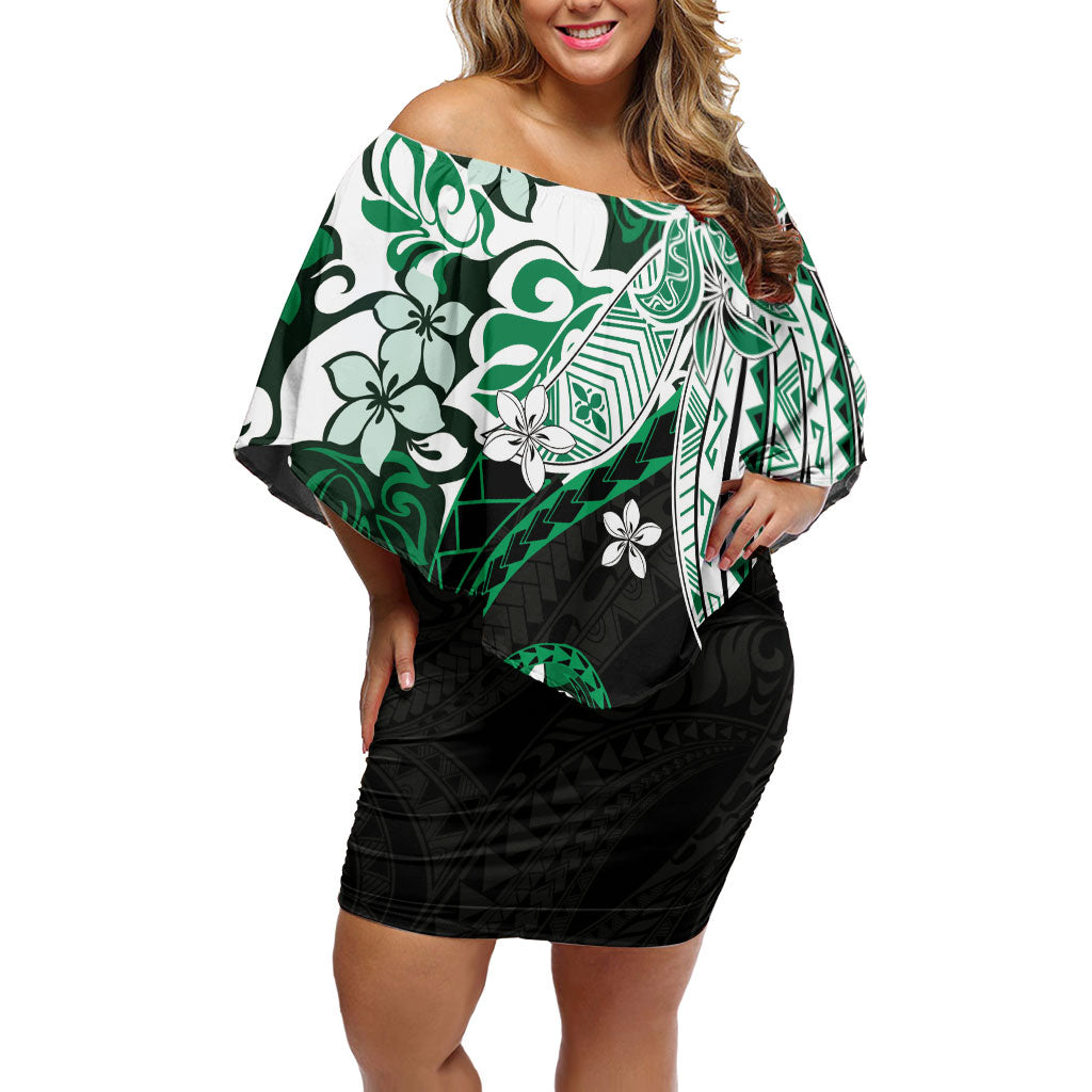 Monstera Plumeria Flowers Green Family Matching Off Shoulder Short Dress and Hawaiian Shirt Polynesian Pattern LT01 Mom's Dress Green - Polynesian Pride