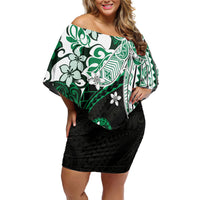 Monstera Plumeria Flowers Green Family Matching Off Shoulder Short Dress and Hawaiian Shirt Polynesian Pattern LT01 Mom's Dress Green - Polynesian Pride