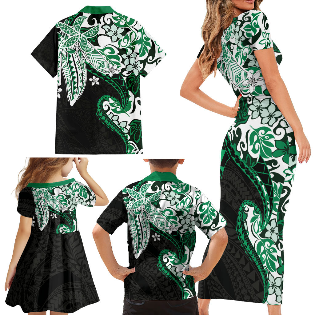 Monstera Plumeria Flowers Green Family Matching Short Sleeve Bodycon Dress and Hawaiian Shirt Polynesian Pattern LT01 - Polynesian Pride