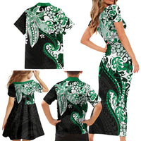 Monstera Plumeria Flowers Green Family Matching Short Sleeve Bodycon Dress and Hawaiian Shirt Polynesian Pattern LT01 - Polynesian Pride