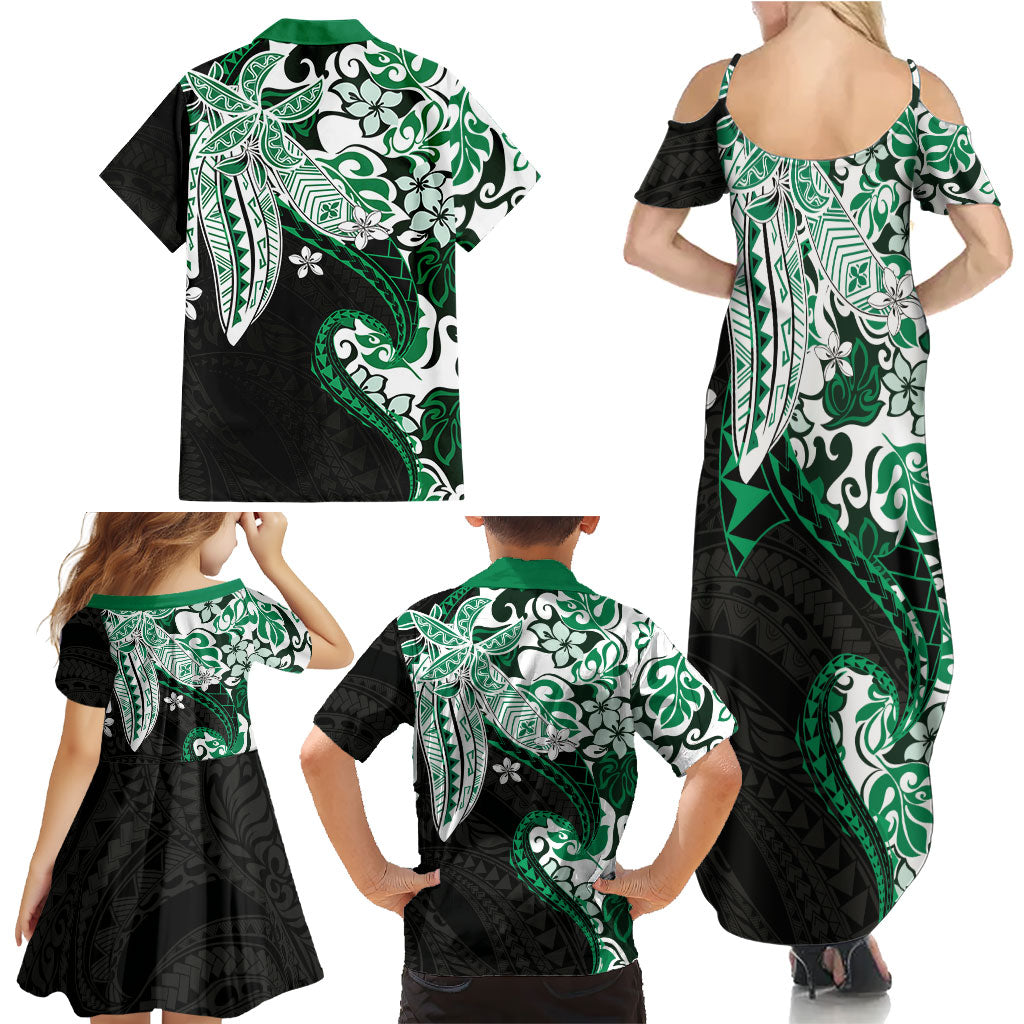 Monstera Plumeria Flowers Green Family Matching Summer Maxi Dress and Hawaiian Shirt Polynesian Pattern LT01 - Polynesian Pride