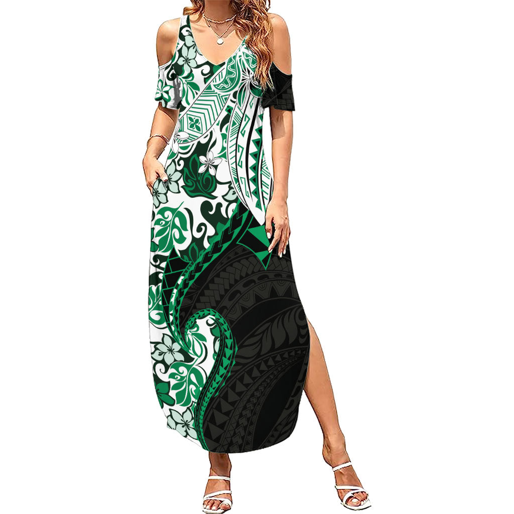 Monstera Plumeria Flowers Green Family Matching Summer Maxi Dress and Hawaiian Shirt Polynesian Pattern LT01 Mom's Dress Green - Polynesian Pride