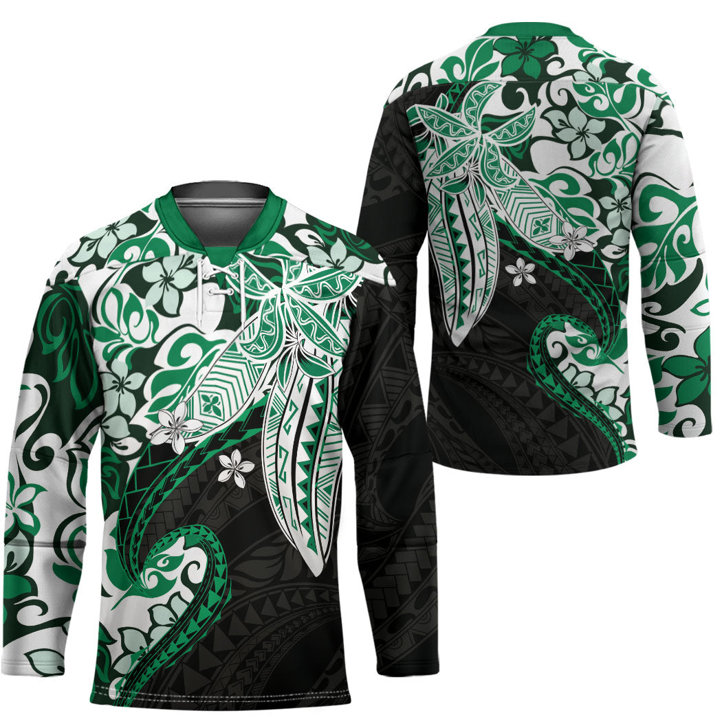 Monstera Plumeria Flowers Green Hockey Jersey Polynesian Pattern