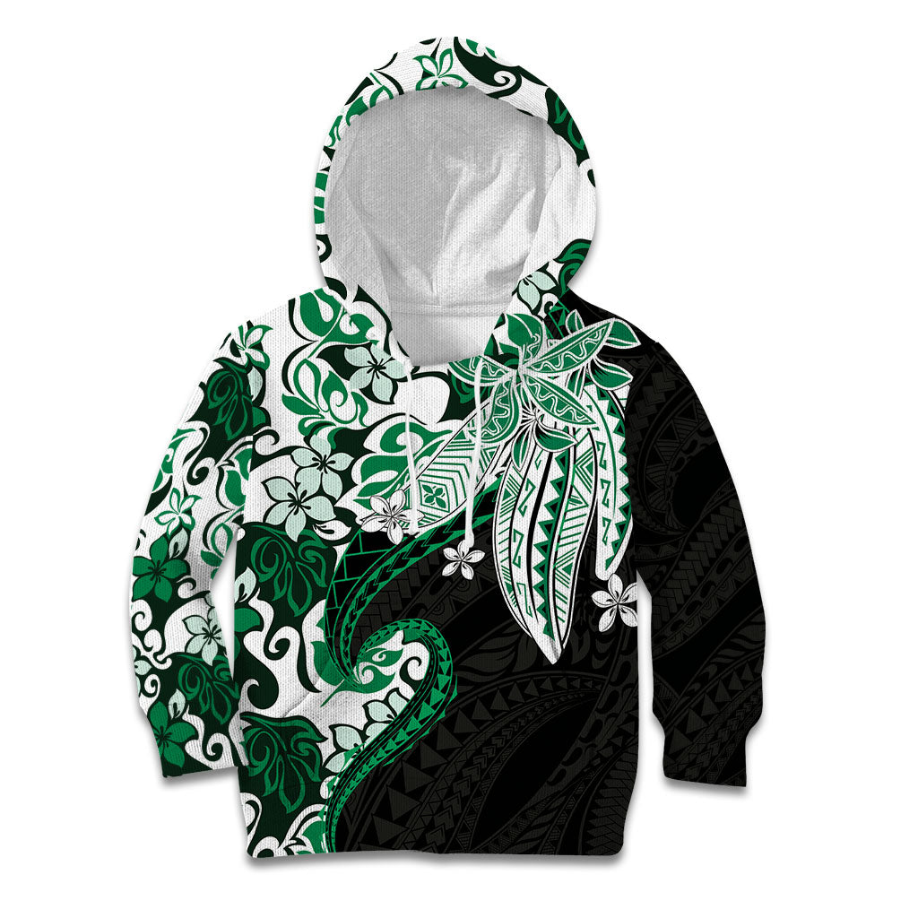 Monstera Plumeria Flowers Green Kid Hoodie Polynesian Pattern