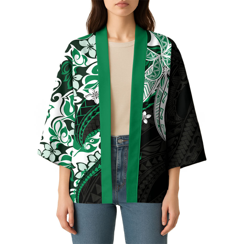 Monstera Plumeria Flowers Green Kimono Polynesian Pattern
