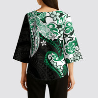 Monstera Plumeria Flowers Green Kimono Sleeve Blouse Polynesian Pattern