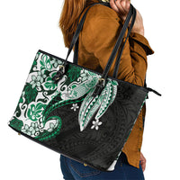 Monstera Plumeria Flowers Green Leather Tote Bag Polynesian Pattern