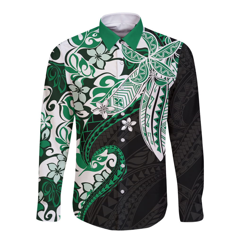 Monstera Plumeria Flowers Green Long Sleeve Button Shirt Polynesian Pattern LT01 Unisex Green - Polynesian Pride