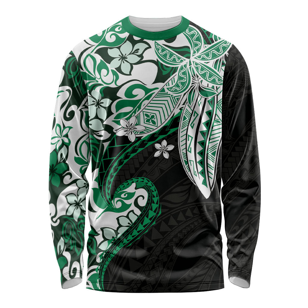 Monstera Plumeria Flowers Green Long Sleeve Shirt Polynesian Pattern