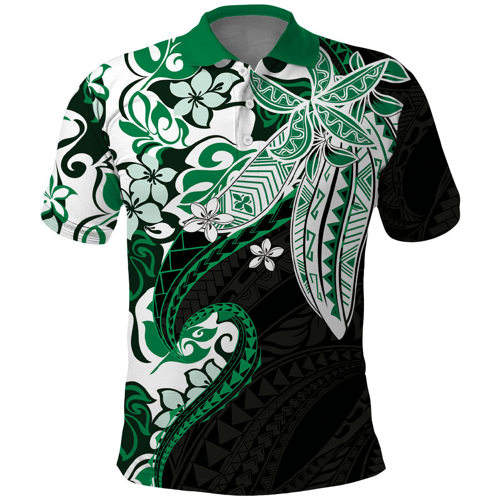 Monstera Plumeria Flowers Green Polo Shirt Polynesian Pattern
