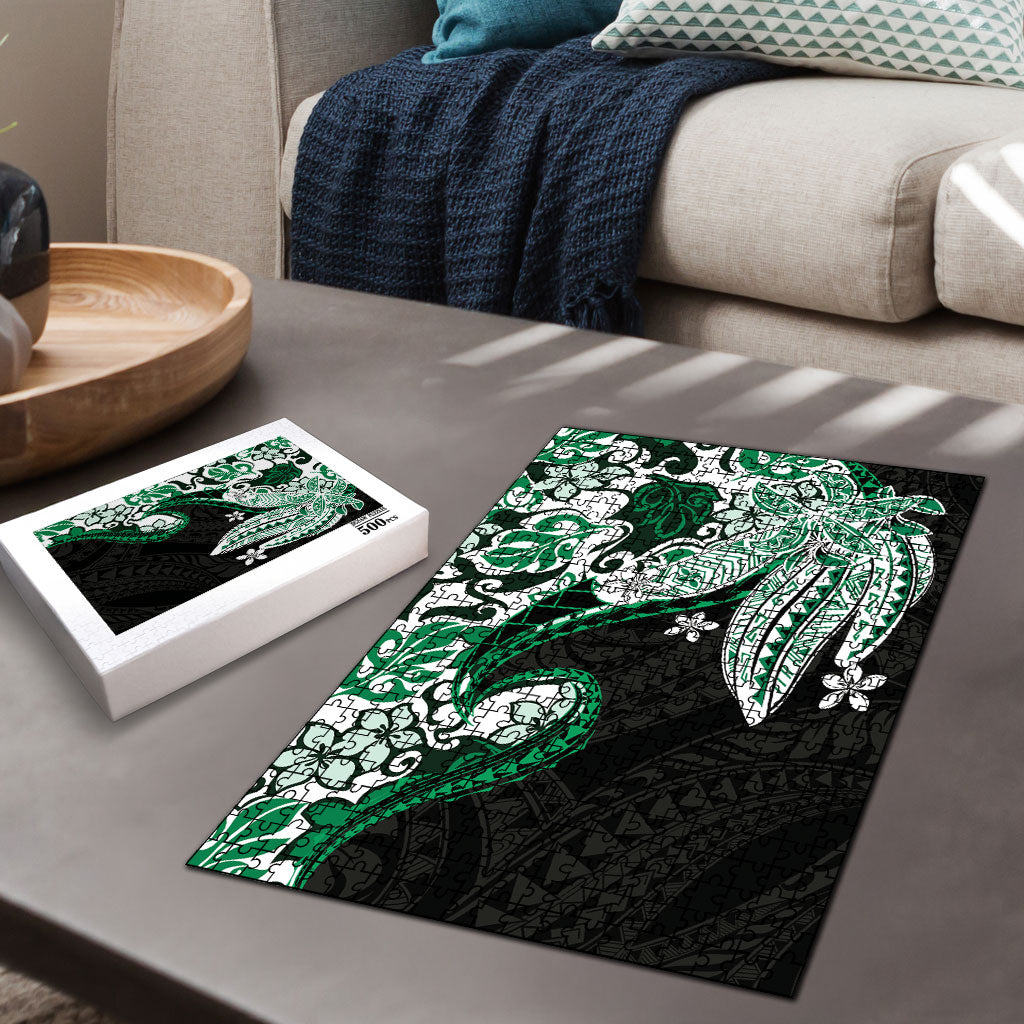 Monstera Plumeria Flowers Green Puzzle Polynesian Pattern