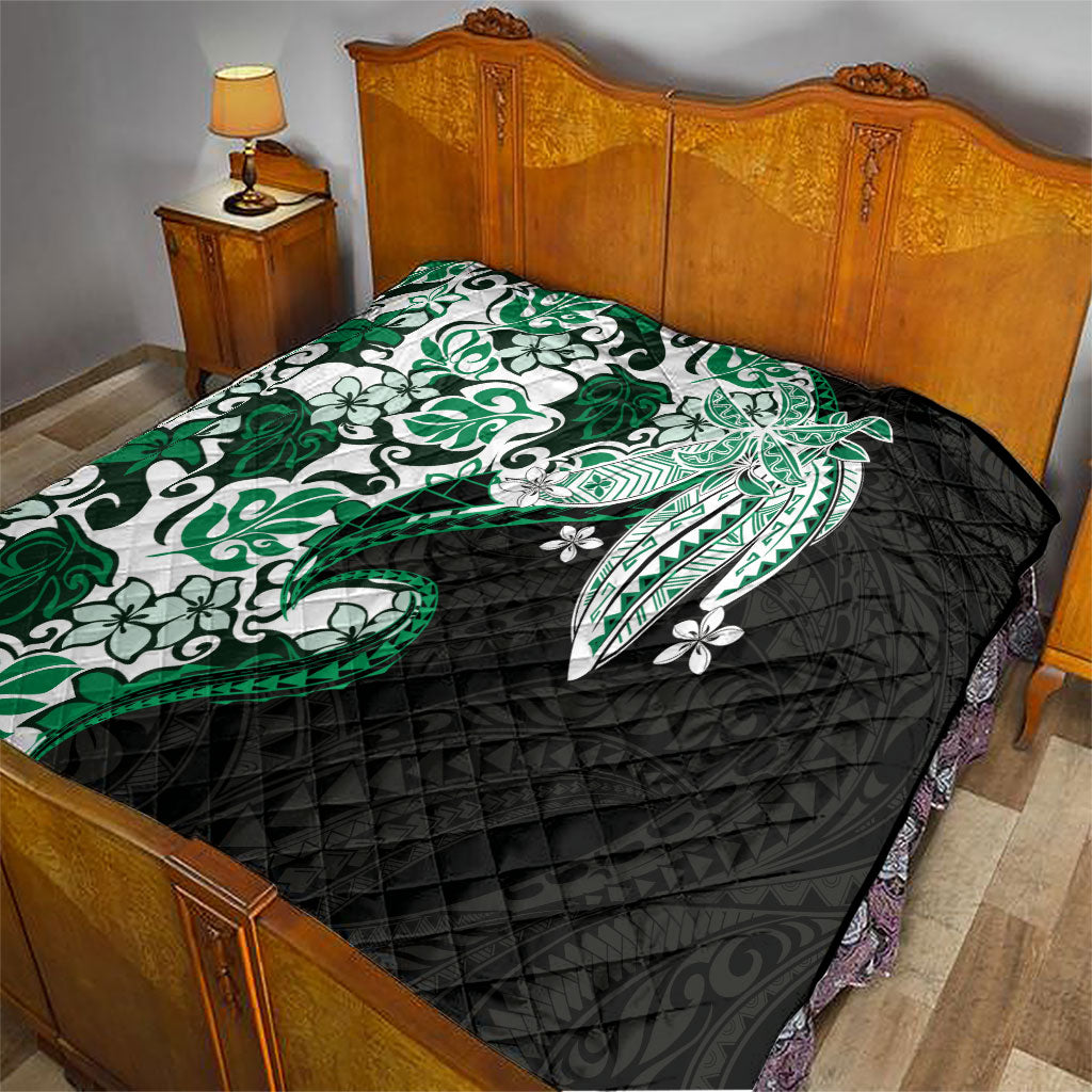 Monstera Plumeria Flowers Green Quilt Polynesian Pattern