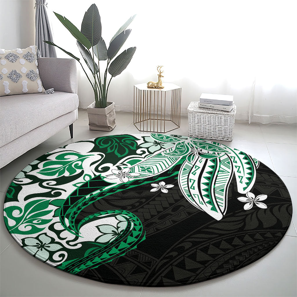 Monstera Plumeria Flowers Green Round Carpet Polynesian Pattern
