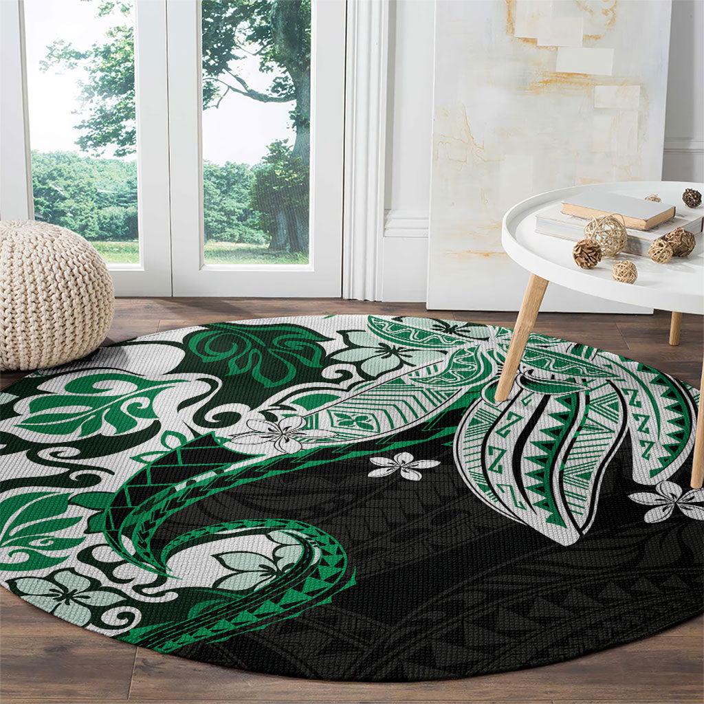 Monstera Plumeria Flowers Green Round Carpet Polynesian Pattern