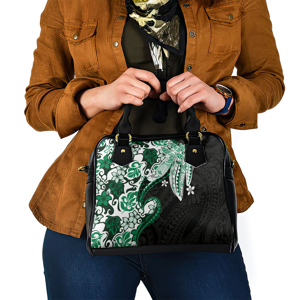 Monstera Plumeria Flowers Green Shoulder Handbag Polynesian Pattern