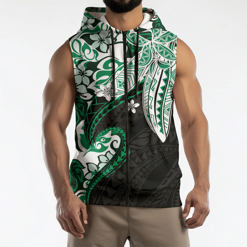 Monstera Plumeria Flowers Green Sleeveless Zip Hoodie Polynesian Pattern