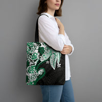 Monstera Plumeria Flowers Green Tote Bag Polynesian Pattern