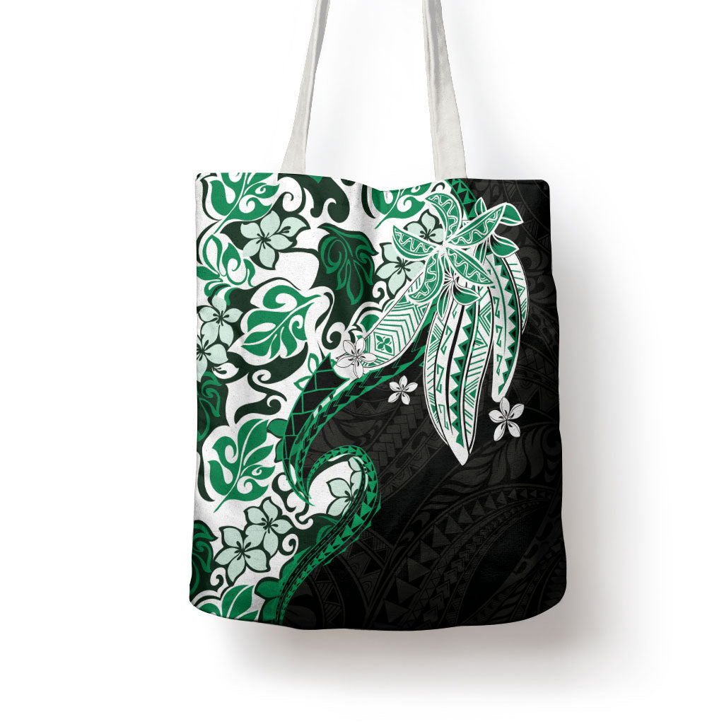 Monstera Plumeria Flowers Green Tote Bag Polynesian Pattern