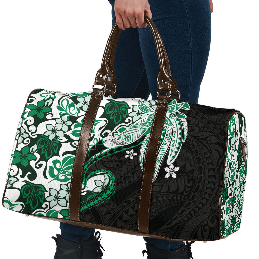Monstera Plumeria Flowers Green Travel Bag Polynesian Pattern