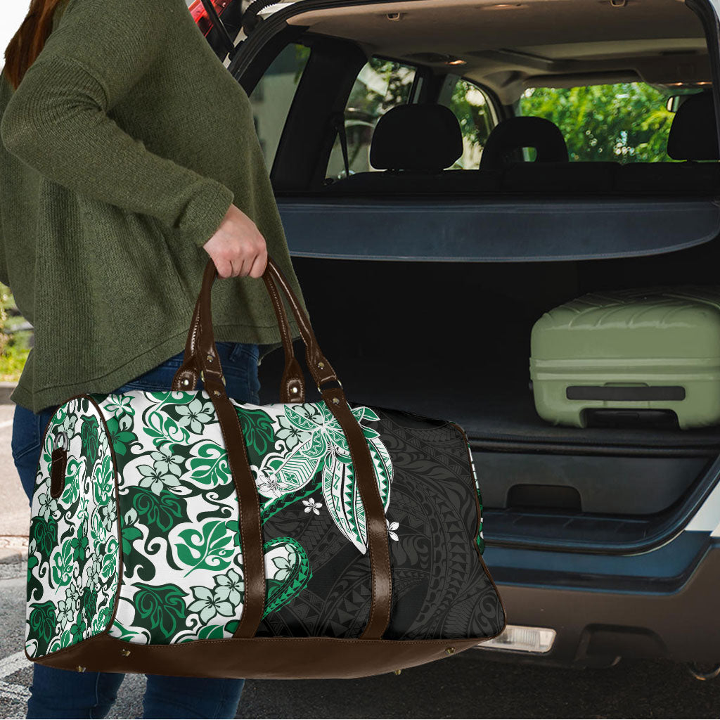 Monstera Plumeria Flowers Green Travel Bag Polynesian Pattern