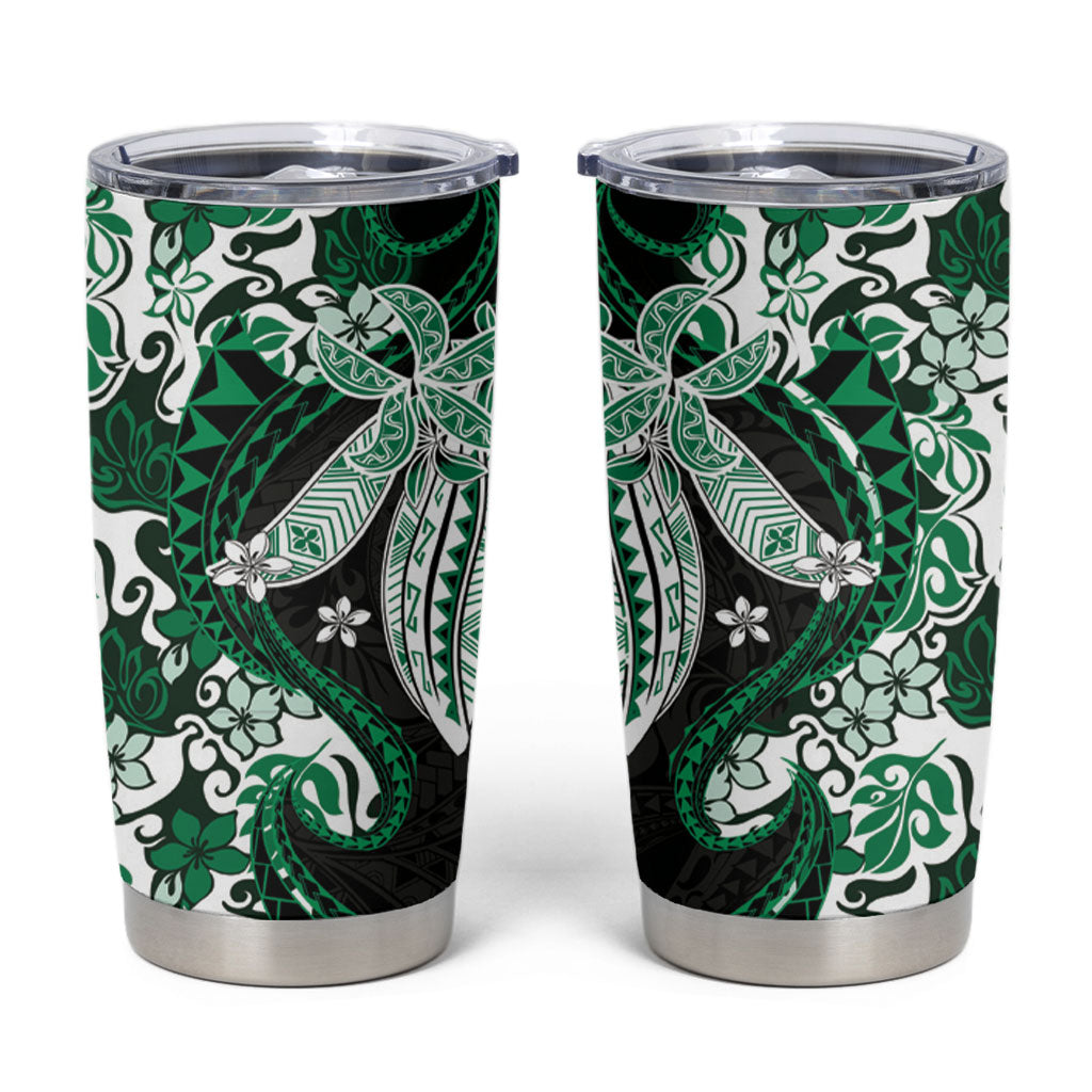 Monstera Plumeria Flowers Green Tumbler Cup Polynesian Pattern