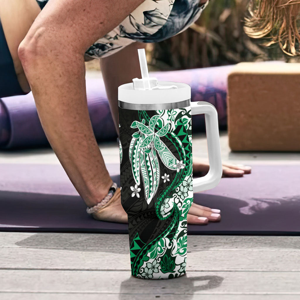 Monstera Plumeria Flowers Green Tumbler With Handle Polynesian Pattern