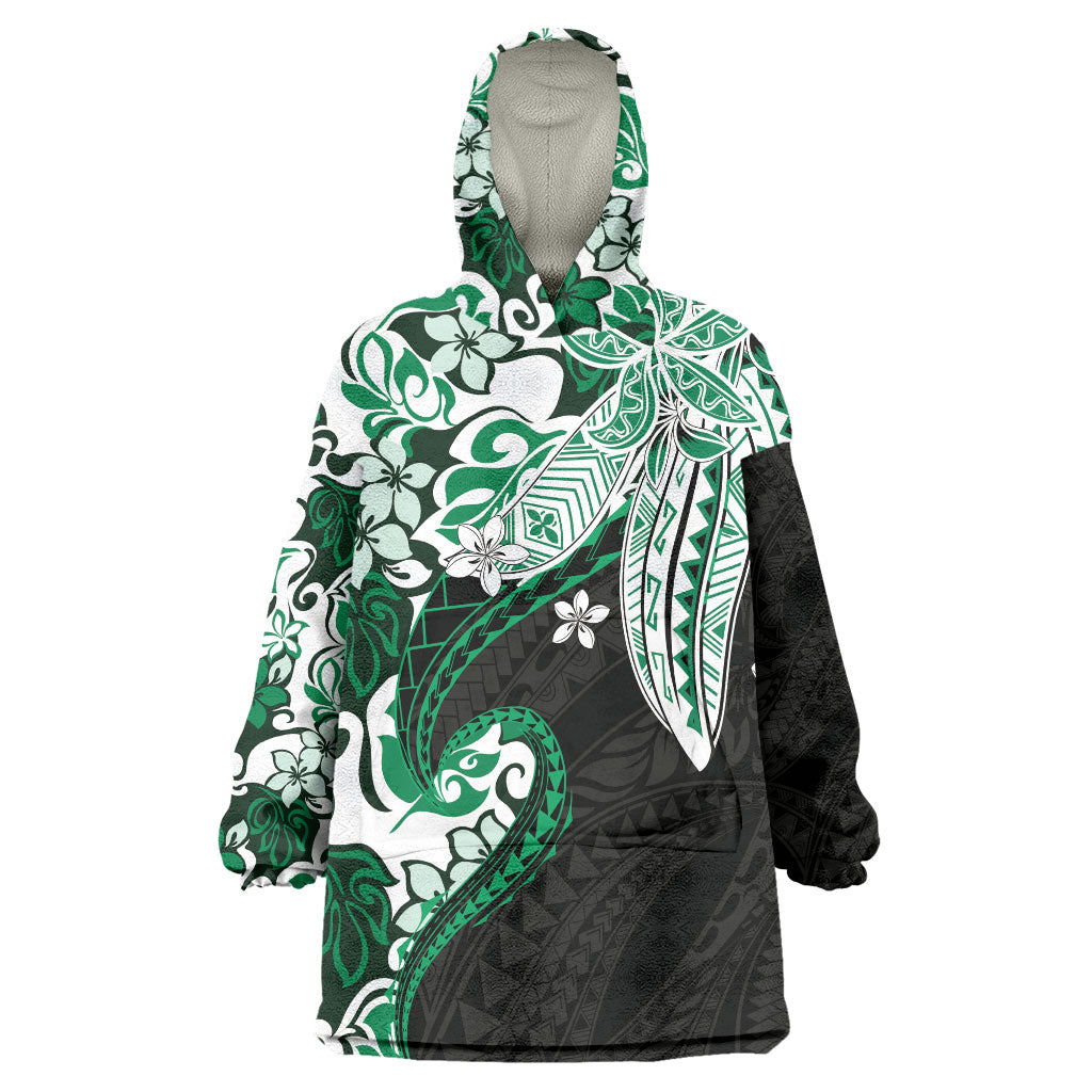 Monstera Plumeria Flowers Green Wearable Blanket Hoodie Polynesian Pattern LT01 One Size Green - Polynesian Pride
