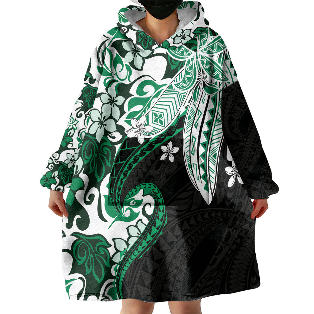 Monstera Plumeria Flowers Green Wearable Blanket Hoodie Polynesian Pattern LT01 - Polynesian Pride
