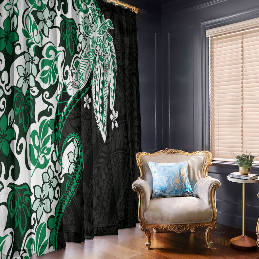 Monstera Plumeria Flowers Green Window Curtain Polynesian Pattern