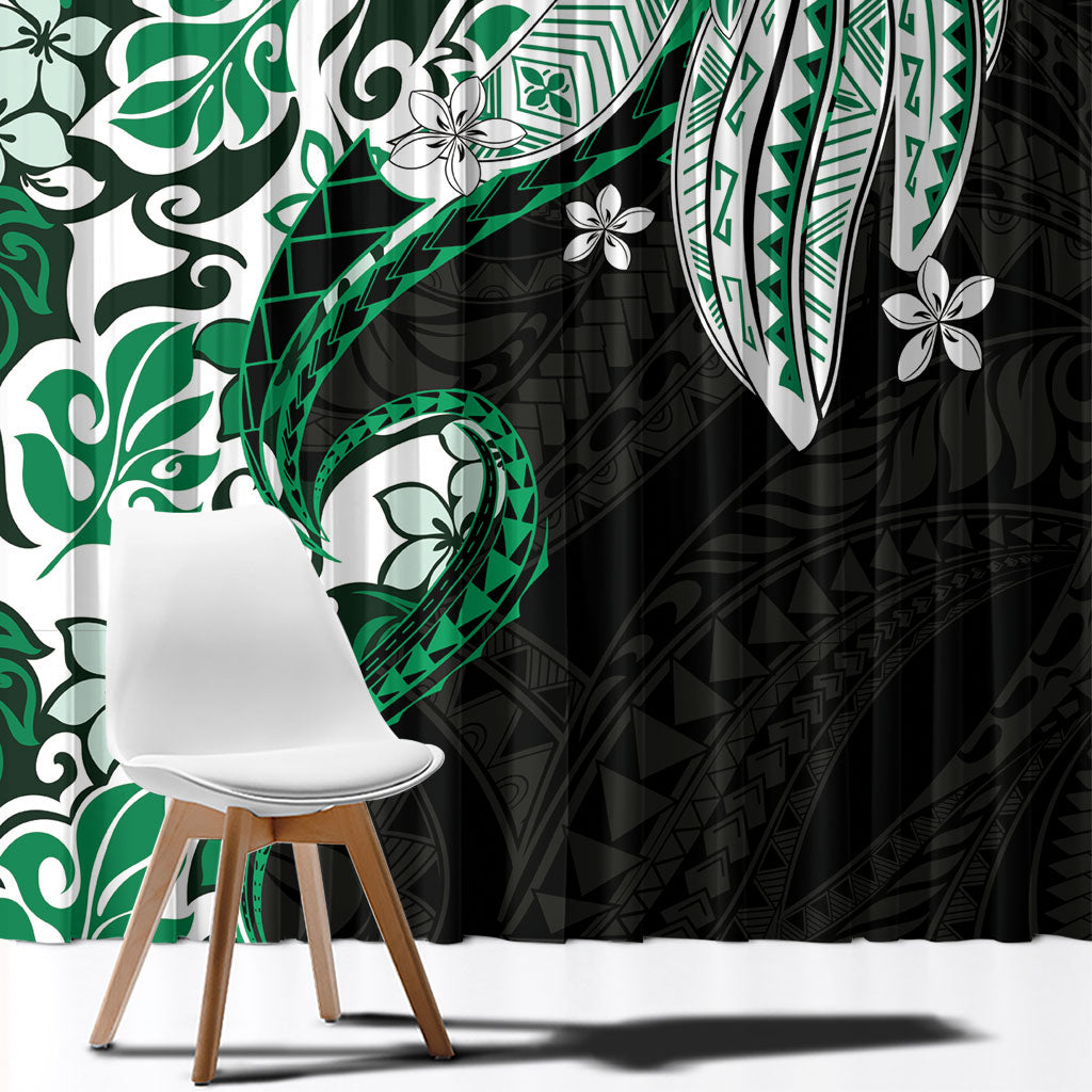 Monstera Plumeria Flowers Green Window Curtain Polynesian Pattern