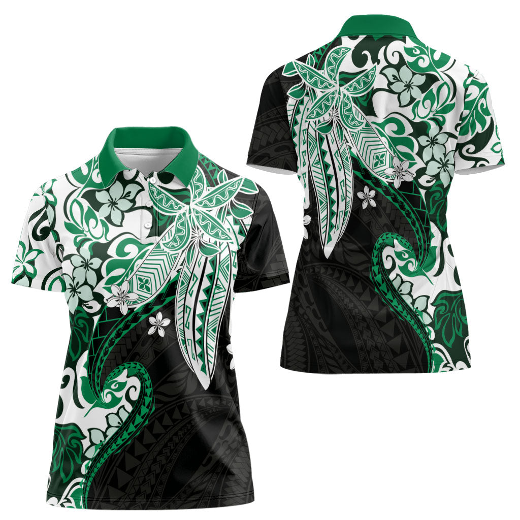 Monstera Plumeria Flowers Green Women Polo Shirt Polynesian Pattern