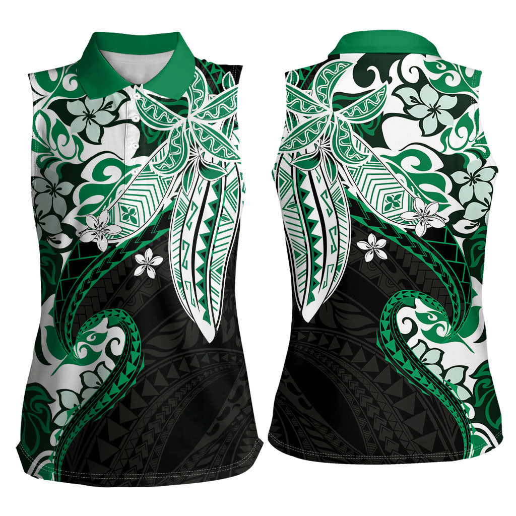 Monstera Plumeria Flowers Green Women Sleeveless Polo Shirt Polynesian Pattern