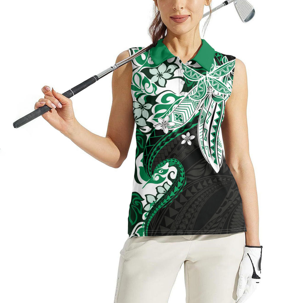Monstera Plumeria Flowers Green Women Sleeveless Polo Shirt Polynesian Pattern