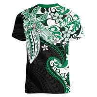 Monstera Plumeria Flowers Green Women V-Neck T-Shirt Polynesian Pattern