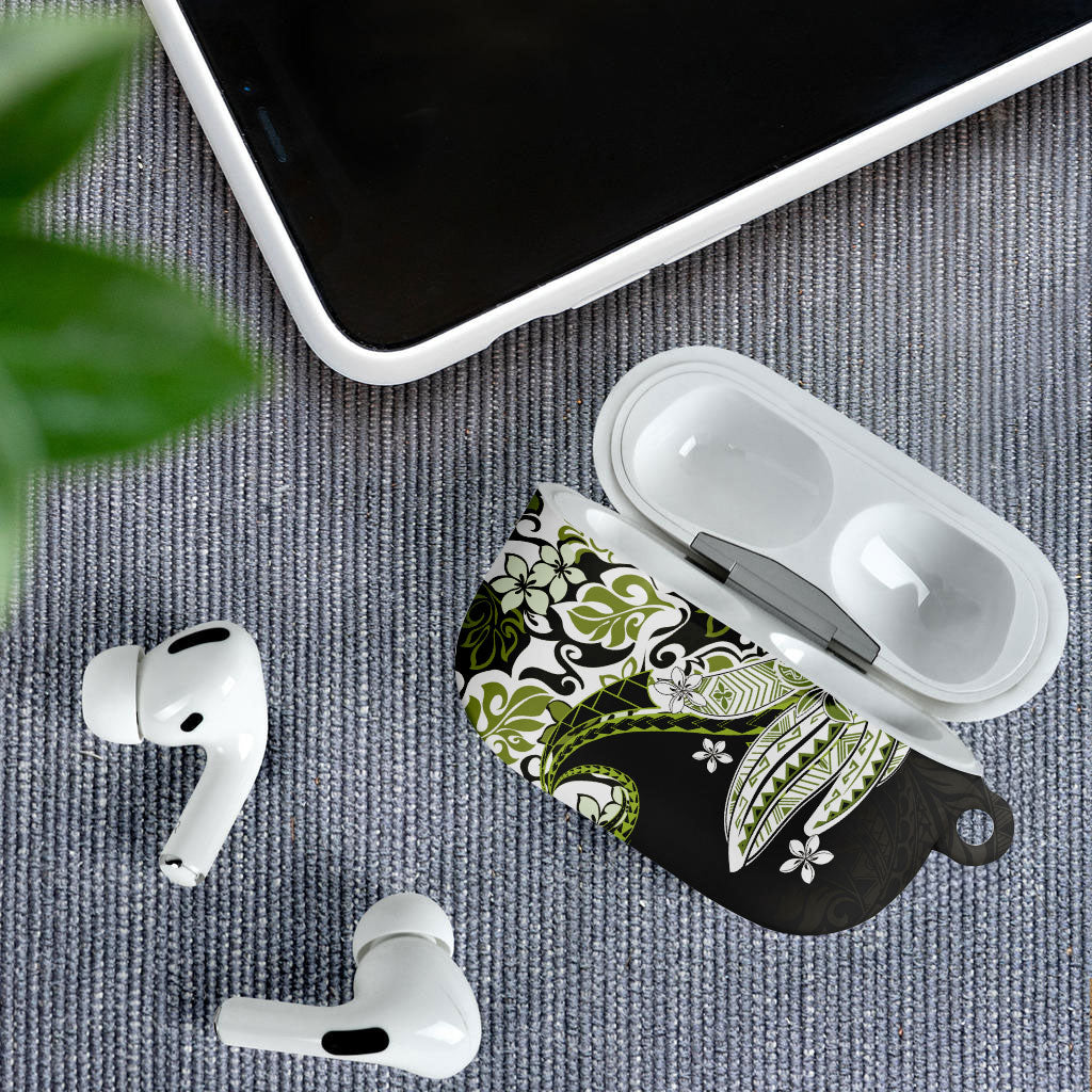 Monstera Plumeria Flowers Olive Green AirPods Case Polynesian Pattern