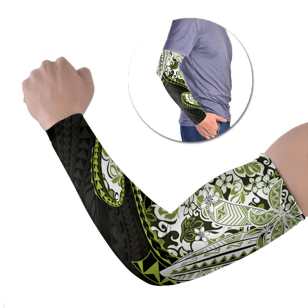 Monstera Plumeria Flowers Olive Green Arm Sleeves Polynesian Pattern