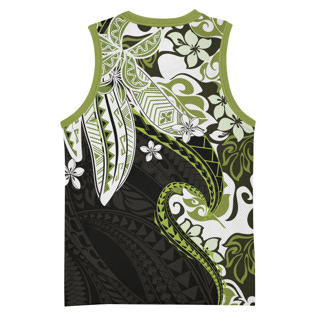Monstera Plumeria Flowers Olive Green Basketball Jersey Polynesian Pattern