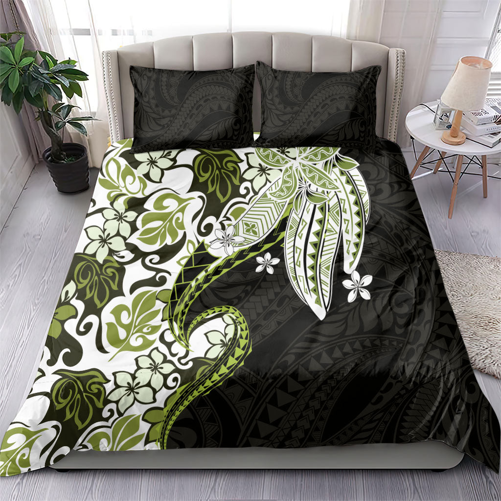 Monstera Plumeria Flowers Olive Green Bedding Set Polynesian Pattern