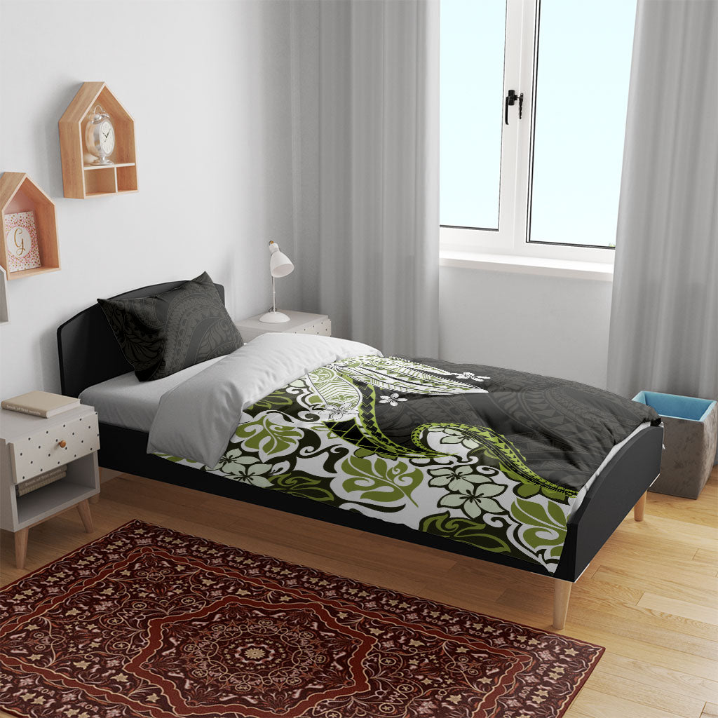 Monstera Plumeria Flowers Olive Green Bedding Set Polynesian Pattern